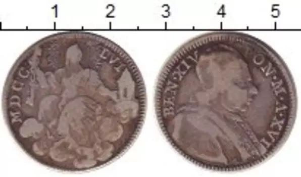 Монета 2 джулио Ватикана 1756 года Серебро Понтифик Бенедикт XIV