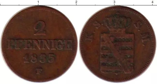 Монета 2 пфеннига Саксонии 1855 года Медь Иоганн