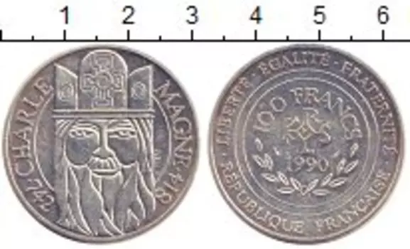 Монета 100 франков Франции 1990 года Серебро Карл Великий