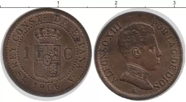Монета сентим Испании 1906 года Бронза Альфонсо XIII