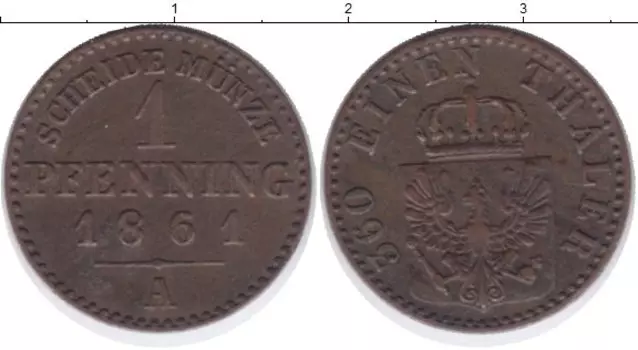 Монета пфенниг Пруссии 1861 года Медь