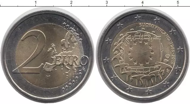 Монета 2 евро Финляндии 2015 года Биметалл 30 лет флагу ЕС