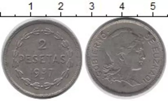 Монета 2 песеты Испании 1937 года Медно-никель Гражданская война