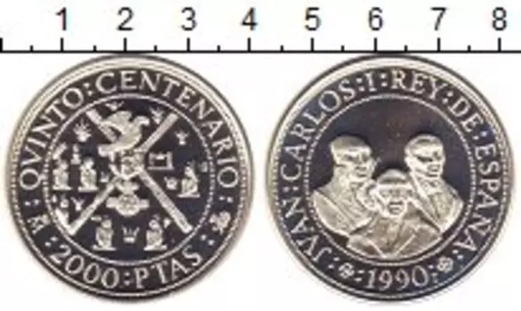 Монета 2000 песет Испании 1990 года Серебро 500 лет открытия Америки