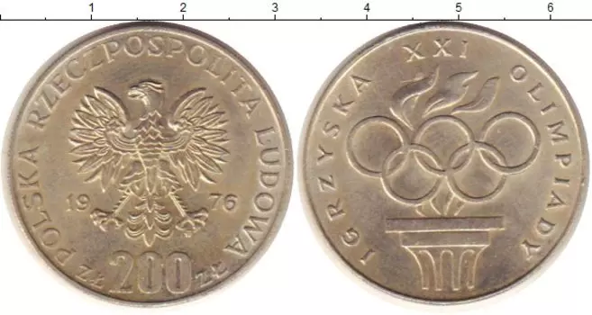 Монета 200 злотых Польши 1976 года Серебро Олимпиада 76