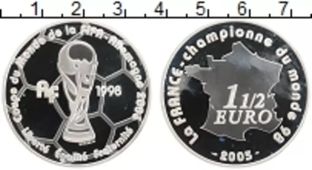 Монета 1/2 евро Франции 2005 года Серебро Чемпионат мира по футболу