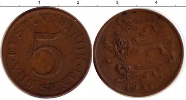 Монета 5 сенти Эстонии 1931 года Медь Три льва