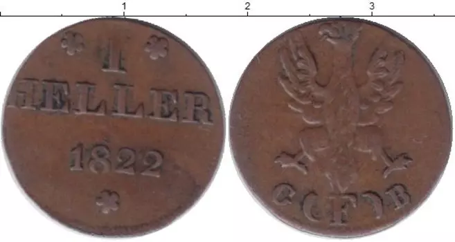 Монета геллер Франкфурта 1822 года Медь