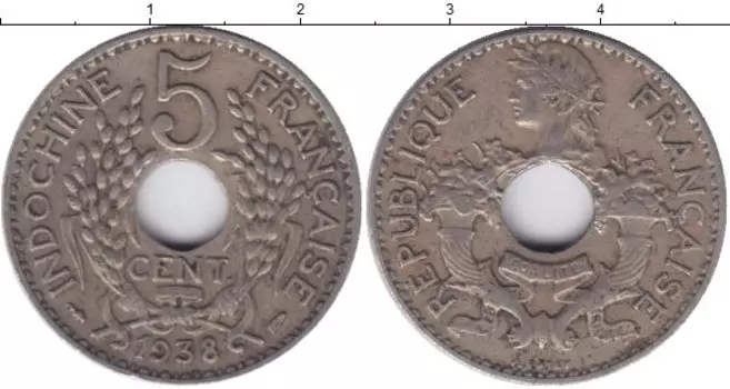 Монета 5 центов Индокитая 1938 года Медно-никель