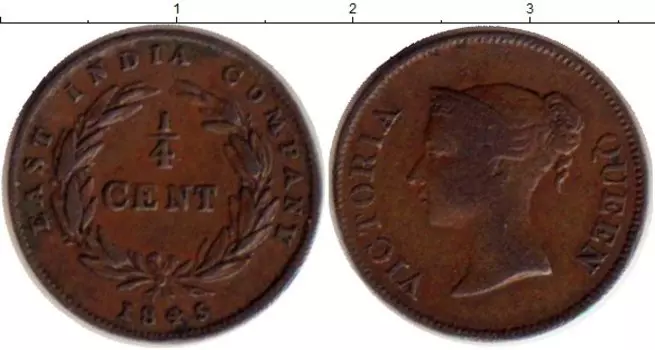 Монета 1/4 цента Стрейтс-Сеттльмента 1845 года Медь Виктория