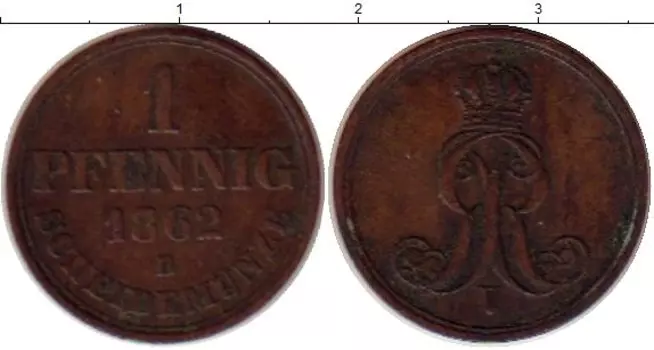 Монета пфенниг Ганновера 1862 года Медь Георг V