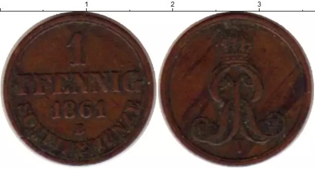 Монета пфенниг Ганновера 1861 года Медь Георг V