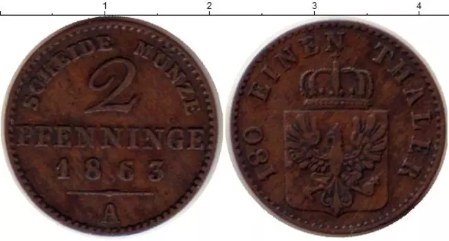 Монета 2 пфеннига Пруссии 1863 года Медь Герб