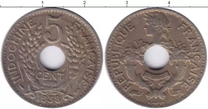 Монета 5 центов Индокитая 1938 года Медно-никель