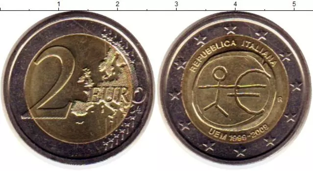 Монета 2 евро Италии 2009 года Биметалл 10 лет Экономическому и валютному союзу
