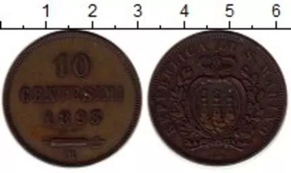Монета 10 сентесим Сан-Марино 1893 года Медь номинал - герб