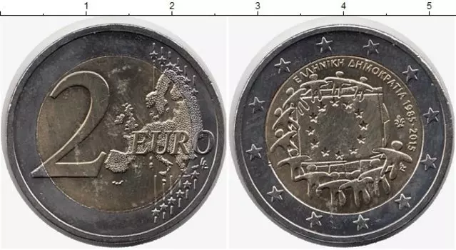 Монета 2 евро Греции 2015 года Биметалл 30 лет флагу ЕС