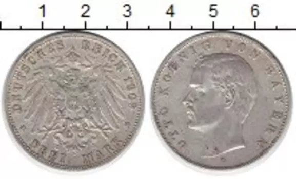 Монета 3 марки Баварии 1909 года Серебро Отто