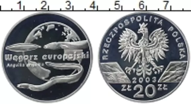 Монета 20 злотых Польши 2003 года Серебро Угорь