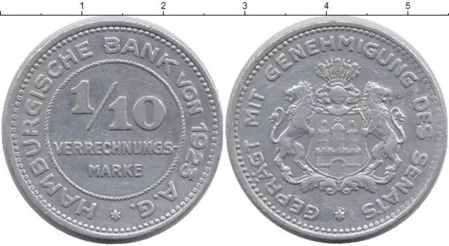 Монета 1/10 марки Гамбурга 1923 года Алюминий