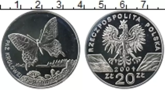 Монета 20 злотых Польши 2001 года Серебро Бабочка