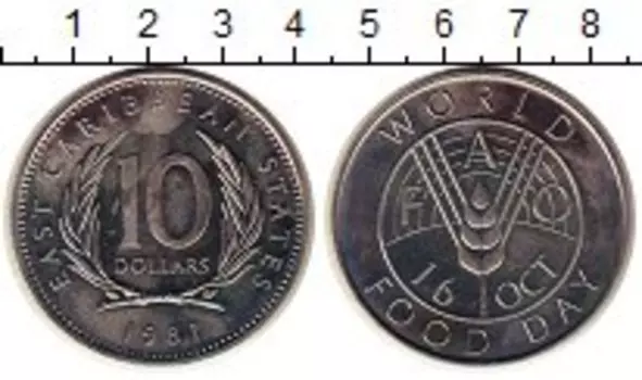Монета 10 долларов Кариб 1981 года Медно-никель ФАО