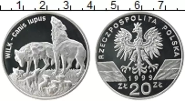 Монета 20 злотых Польши 1999 года Серебро Волки