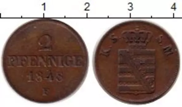 Монета 2 пфеннига Саксонии 1848 года Медь Фридрих Август II