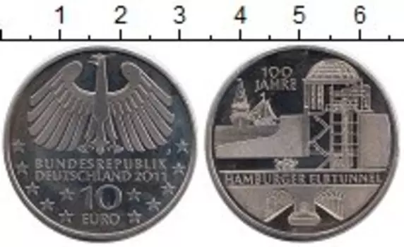 Монета 10 евро Германии 2011 года Медно-никель Гамбургский туннель под Эльбой - 100 лет
