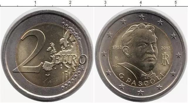 Монета 2 евро Италии 2012 года Биметалл 100 лет со дня смерти поэта Джованни Пасколи