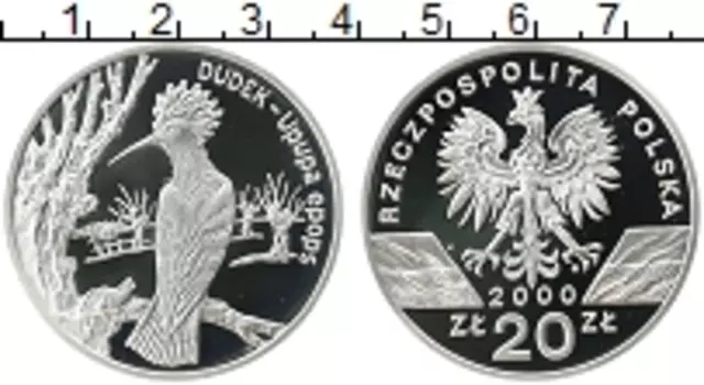 Монета 20 злотых Польши 2000 года Серебро Дятел