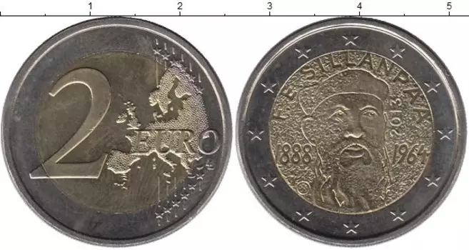 Монета 2 евро Финляндии 2013 года Биметалл 125 лет со дня рождения финского писателя Франса Эмиля Силланпяя