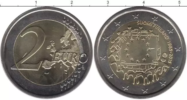 Монета 2 евро Финляндии 2015 года Биметалл 30 лет флагу Евросоюза