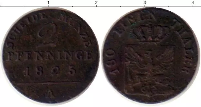 Монета 2 пфеннига Пруссии 1825 года Медь