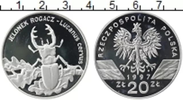 Монета 20 злотых Польши 1997 года Серебро Жук-олень