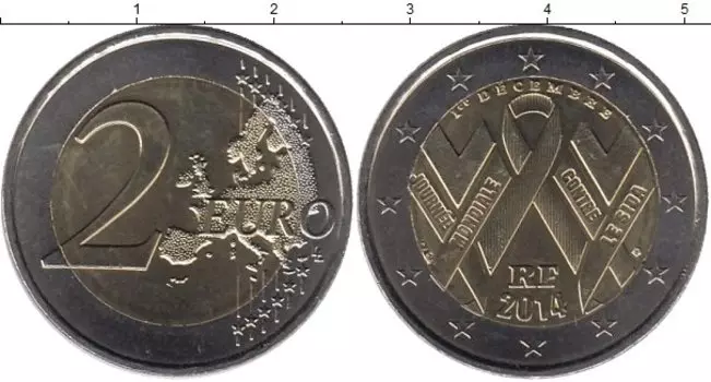 Монета 2 евро Франции 2014 года Биметалл 1 декабря - Всемирный день борьбы со СПИДом