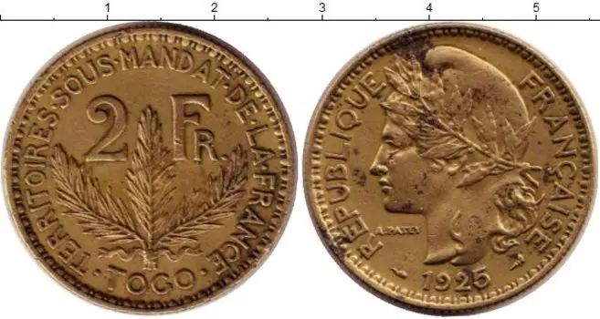 Монета 2 франка Франции 1925 года Латунь Французский мандат