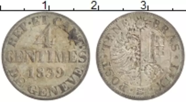 Монета 4 сантима Женевы 1839 года Серебро