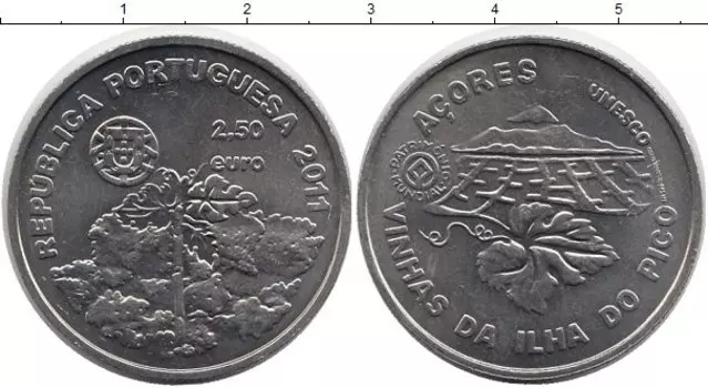 Монета 2 1/2 евро Португалии 2011 года Медно-никель Винодельческий ландшафт острова Пику