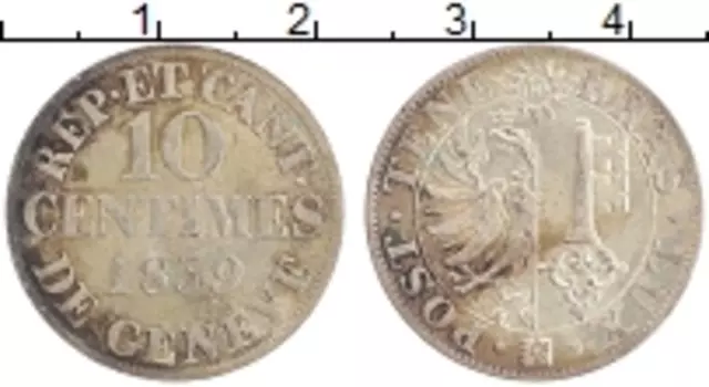 Монета 10 сентим Женевы 1839 года Серебро