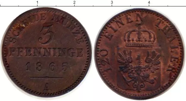 Монета 3 пфеннига Пруссии 1865 года Медь