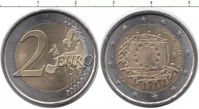 Монета 2 евро Испании 2015 года Биметалл 30 лет Флагу ЕС