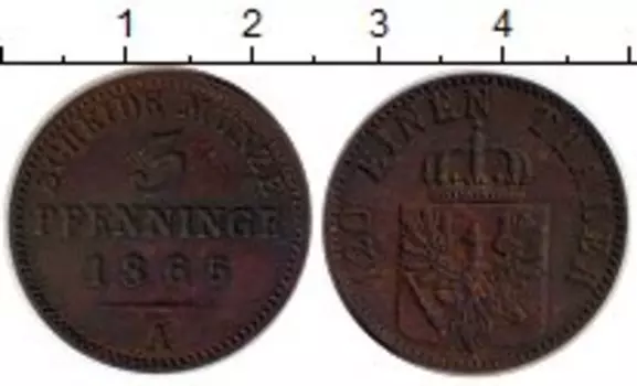 Монета 3 пфеннига Пруссии 1865 года Медь