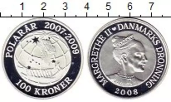 Монета 100 крон Дании 2008 года Серебро Маргрете II