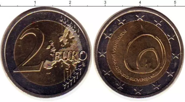 Монета 2 евро Словении 2013 года Биметалл 800 лет открытию пещеры Постойнска-Яма