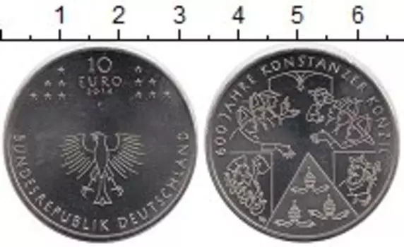 Монета 10 евро Германии 2014 года Медно-никель 600 лет Констанцскому собору,F