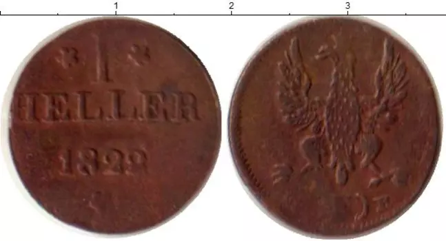 Монета геллер Франкфурта 1822 года Медь