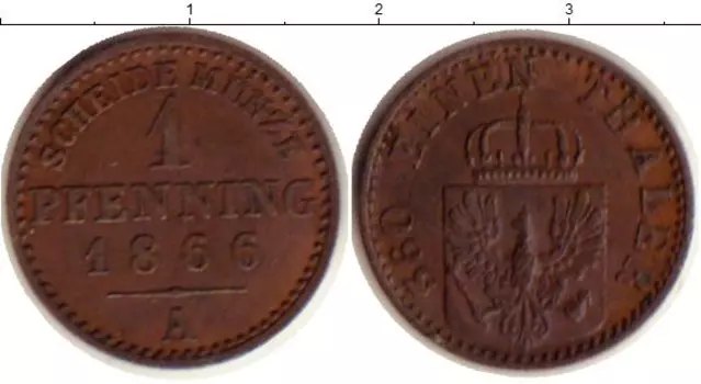 Монета пфенниг Пруссии 1866 года Медь