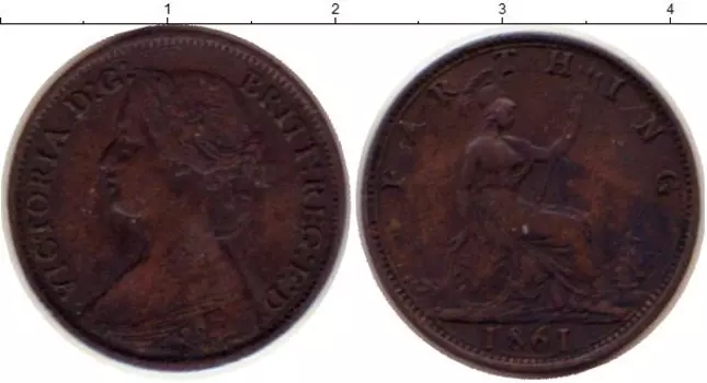 Монета фартинг Англии 1861 года Медь Виктория