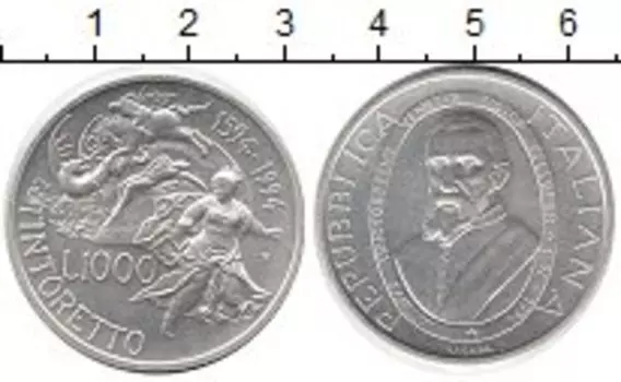 Монета 1000 лир Италии 1994 года Серебро Тинторетто